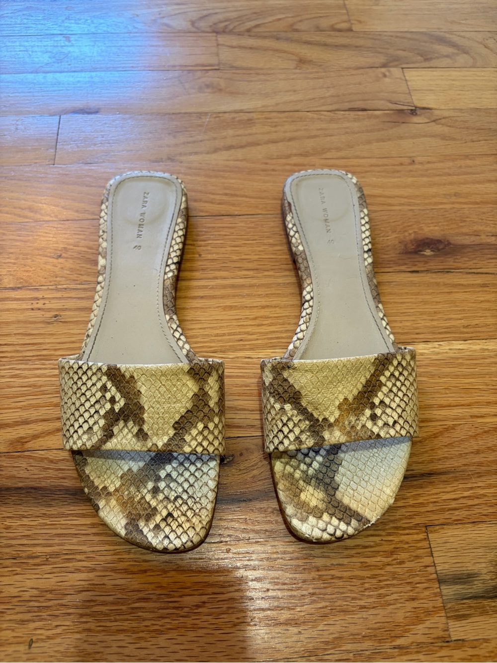 ZARA Snake-Print Slide Sandals in Beige & Brown - Women
